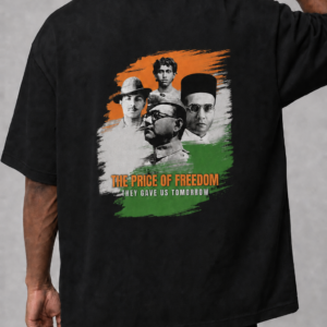 Back view of black The Price of Freedom oversized T-shirt with freedom fighter graphic