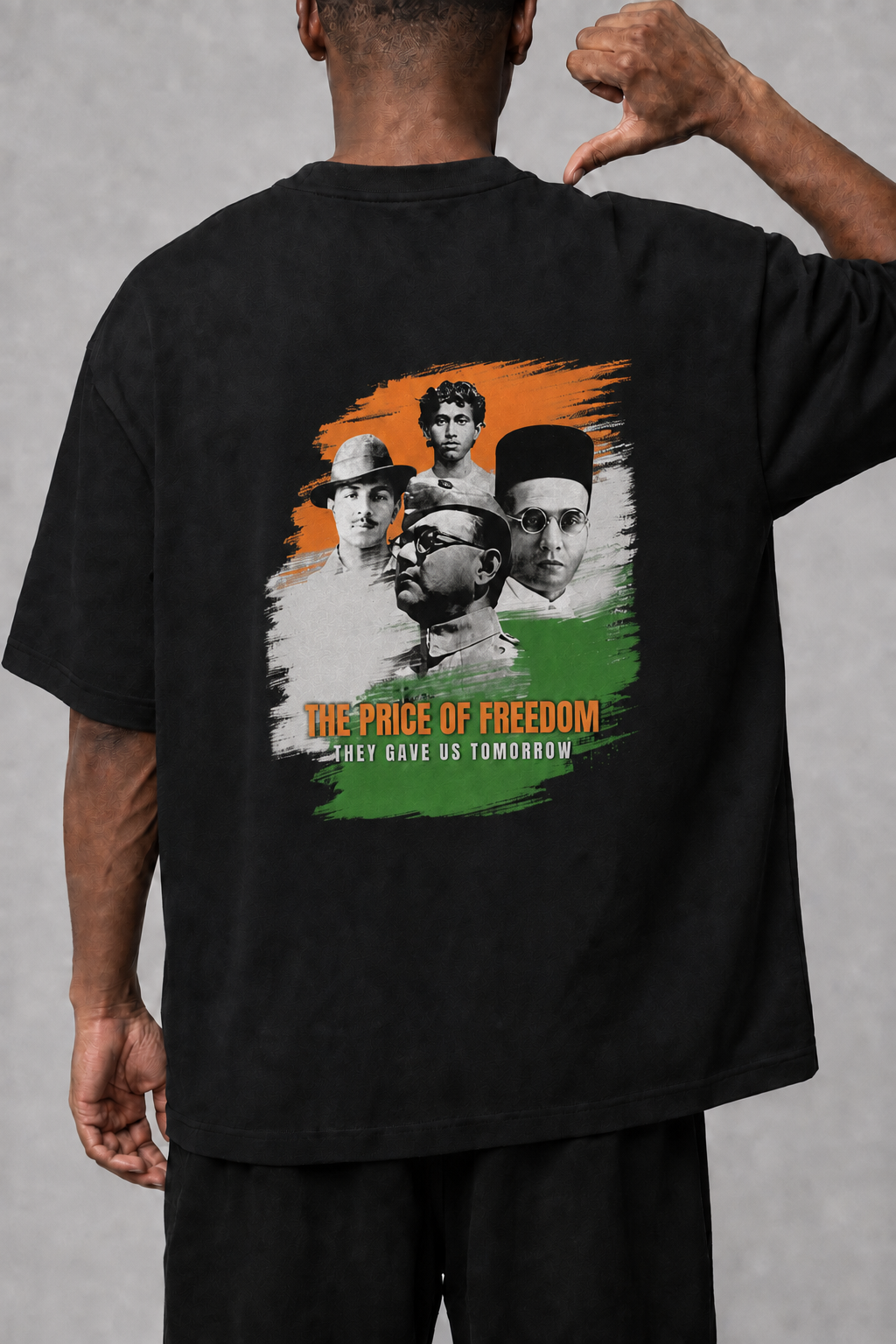 chatgpt image aug 21, 2026, 07 32 04 pm Back view of black The Price of Freedom oversized T-shirt with freedom fighter graphic