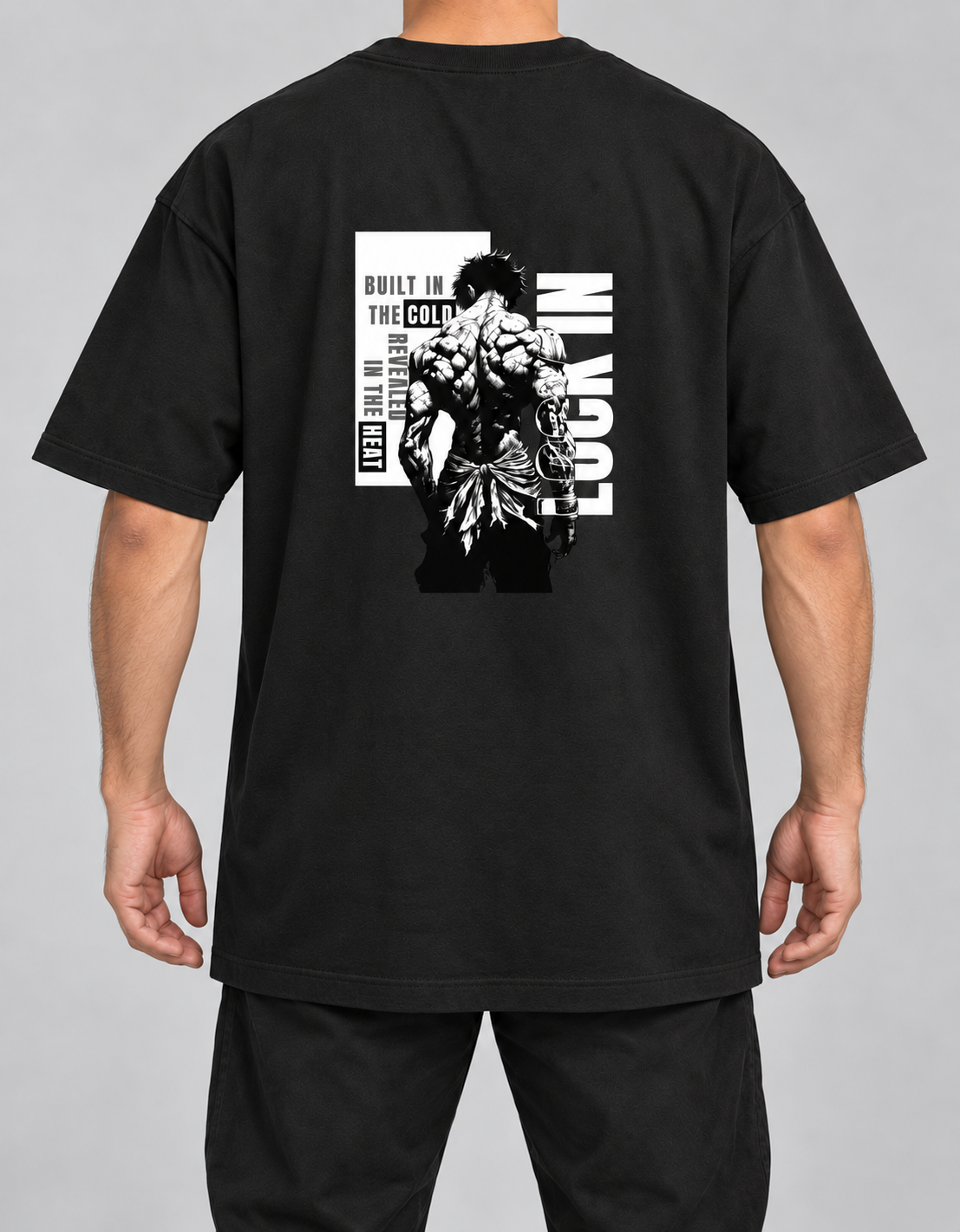 Black Discipline Winter Arc oversized T-shirt, back graphic on model